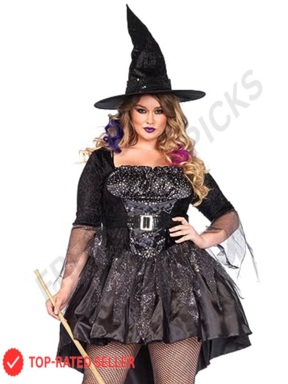Plus Size Witch Costume Set High Low Dress Sequin Hat Halloween